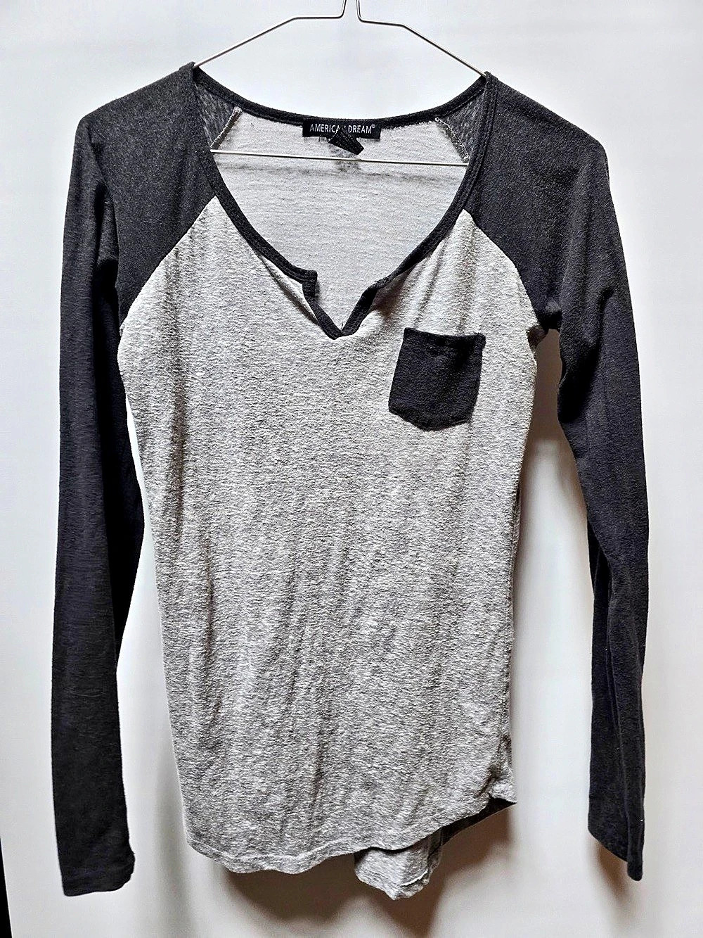 American Dream Color Block Long Sleeve Tee in Gray & Black - Small